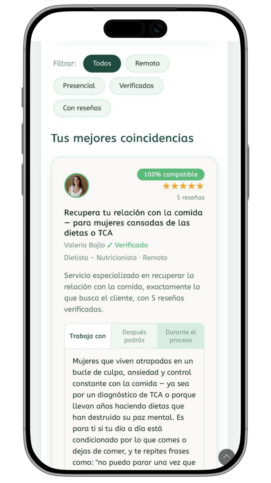 Resultados con los especialistas más compatibles y sus reseñas