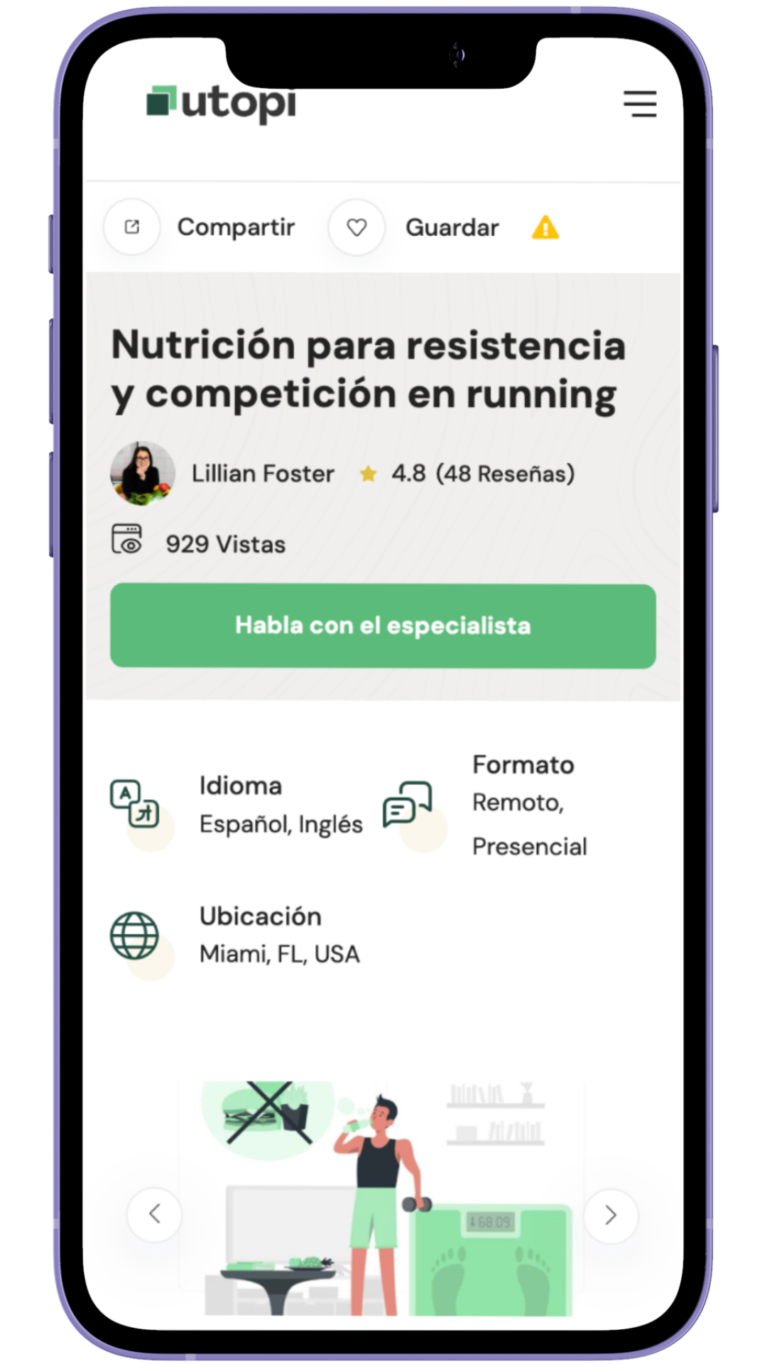 Un servicio publicado en Utopi visto en un iPhone: reseñas verificadas, garantía y pago con tarjeta